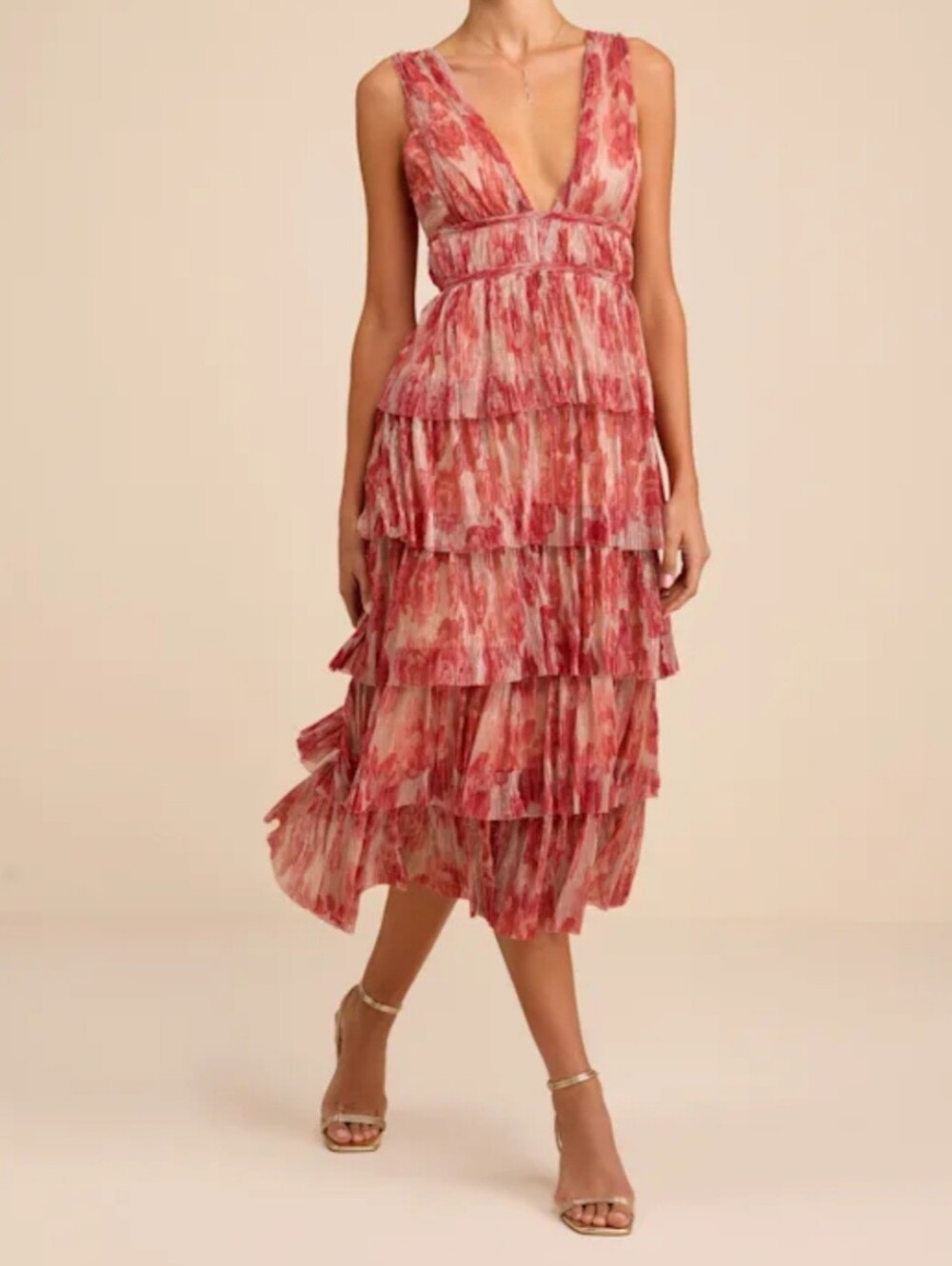 LULUS Valentia Magenta Plisse Sleeveless Tiered Midi Dress Size M.